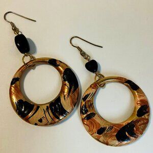 Hand Painted Earrings Gold Black Metal Hoops Bead Pierced Dangle 2 Side New Gift